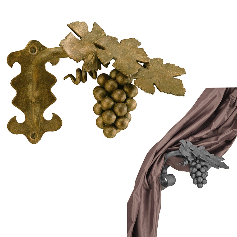Metal Drapery Holdback Pair: Tuscan Grape Vine Design - Flaxen Gold